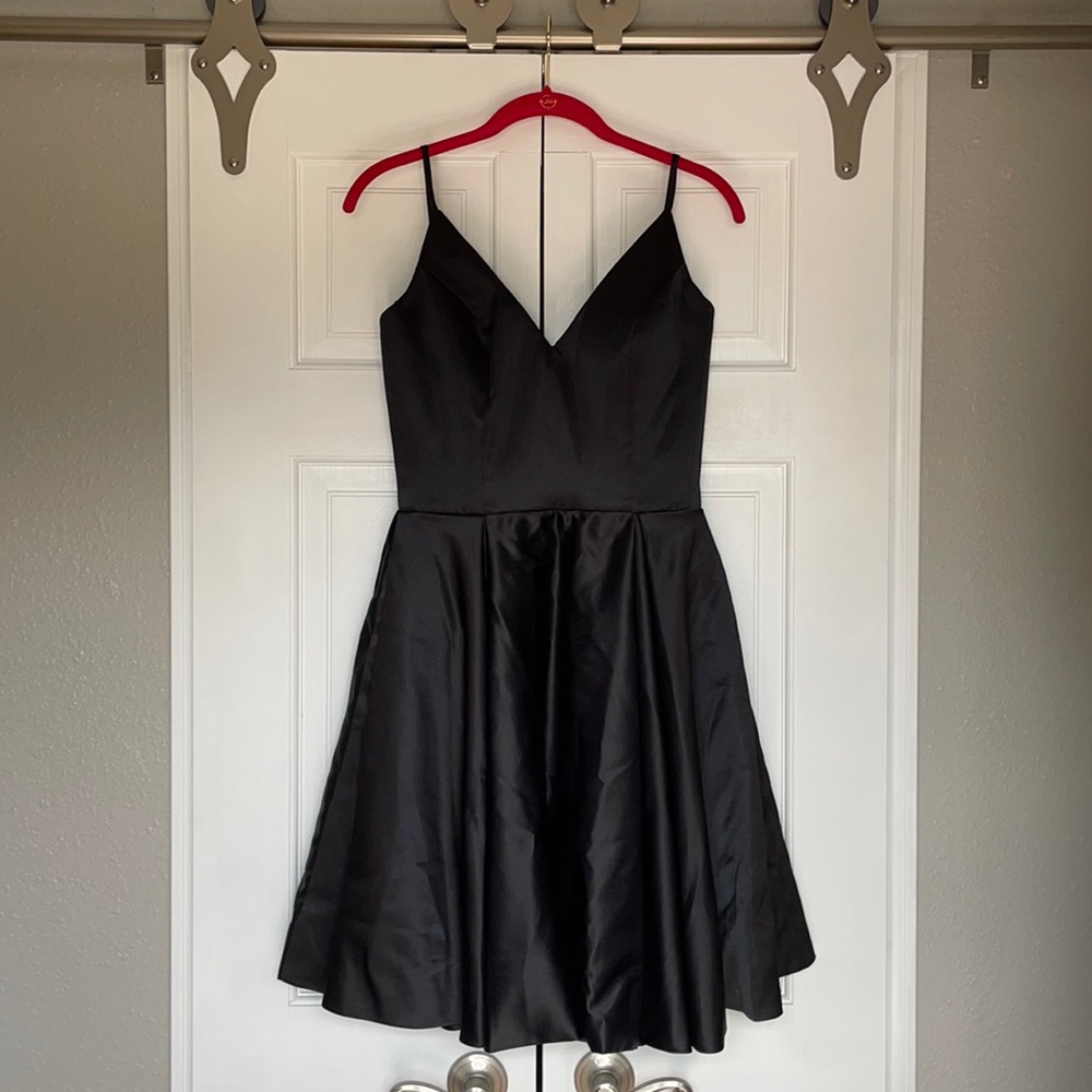 PromGirl Black A Line Satin Prom Dress